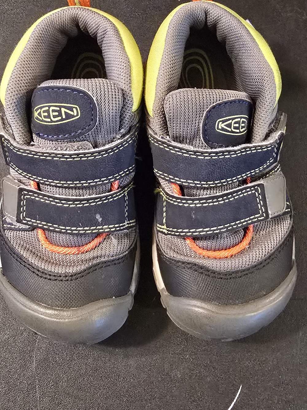 Keen Kids Navy, Gray and Yellow Hook-and-Loop Sneakers with Orange Accents